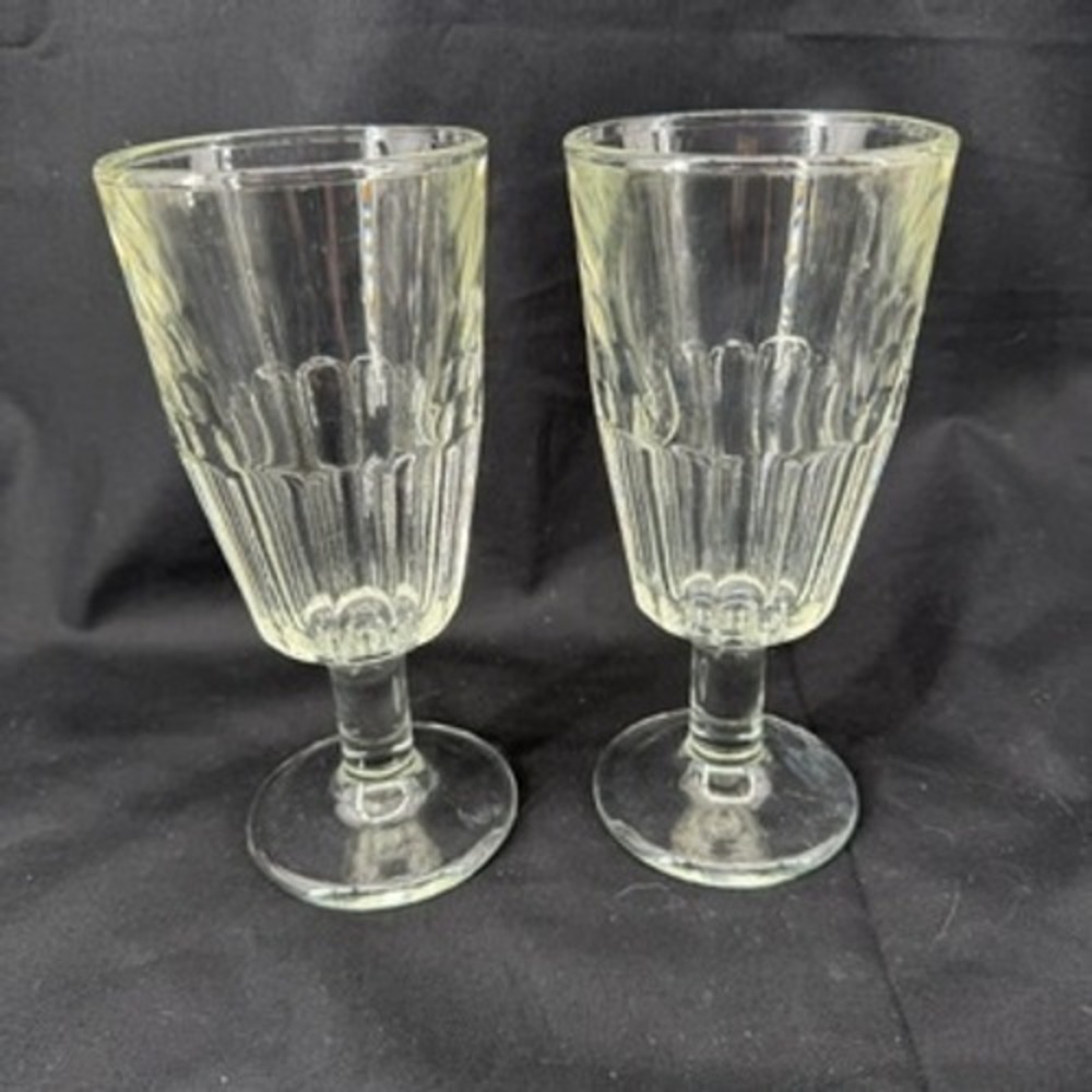 Vintage Soda Fountain Milkshake Glasses Set of 2 Clear Paneled Footed Goblets